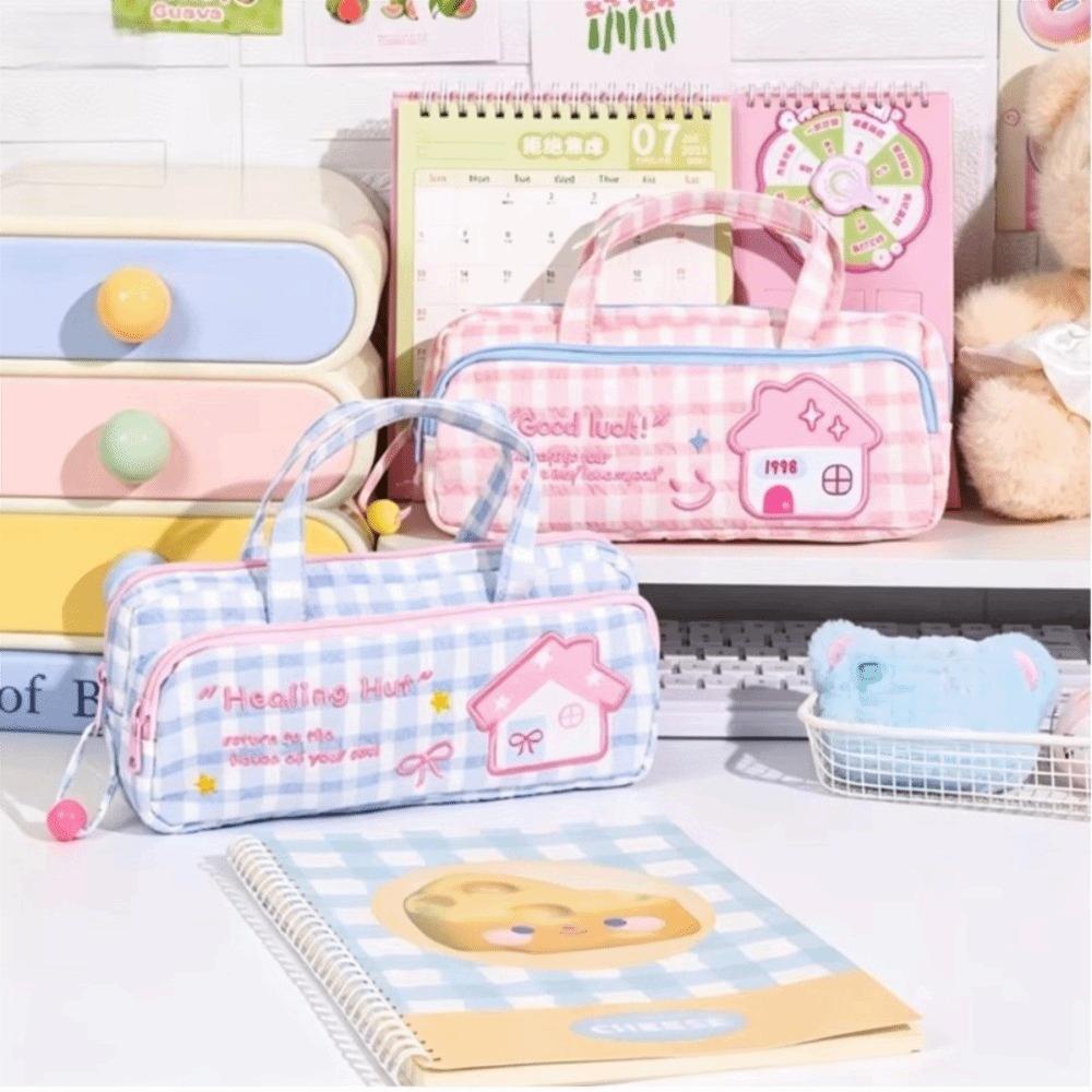 Large Capacity Pencil Case Plaid Stationery Bag Sweet Style Pen Bag  Students
