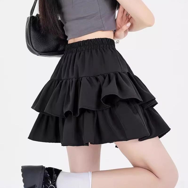 Spring 2025 Women's Black High Waist A-Line Puffy Half Umbrella Skirt