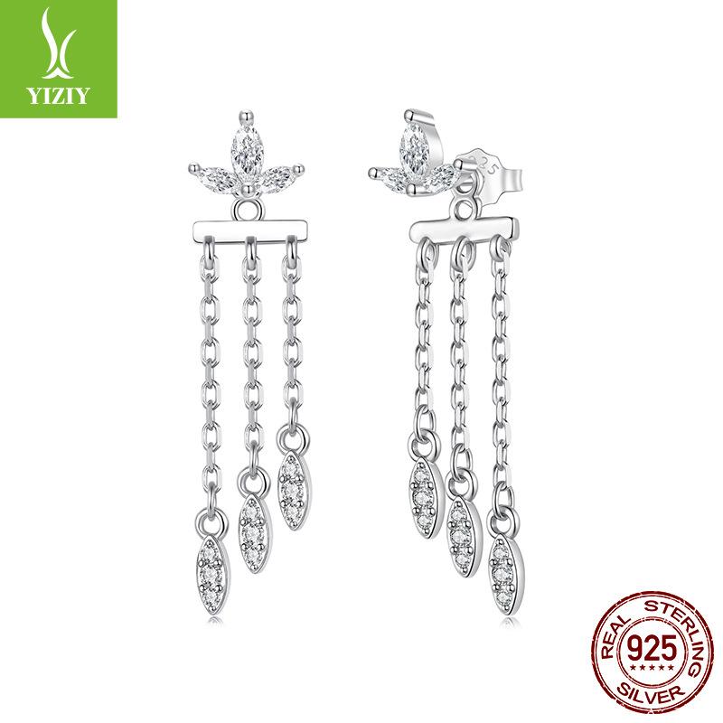 S925 Sterling Silver Small Flower Fringed Front And Rear Structure Stud Earrings Light Luxury Smart Fairy Wind Stud Earrings