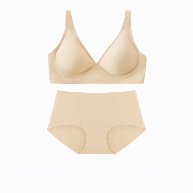 "Women's French-Style Seamless Soft Support Jelly Underwear Bra Set - Comfortable, No Steel Ring, Adjustable, Gathered Design"