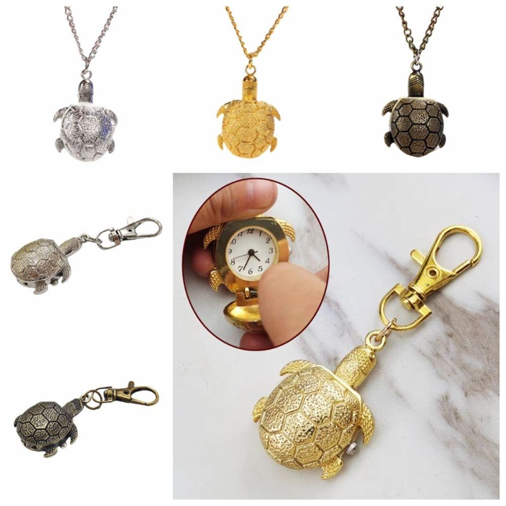 Vintage Alloy Turtle Watch Cartoon Flip Cap Flip Creative Wall Watch Turtle Shape Necklace Watch Gift
