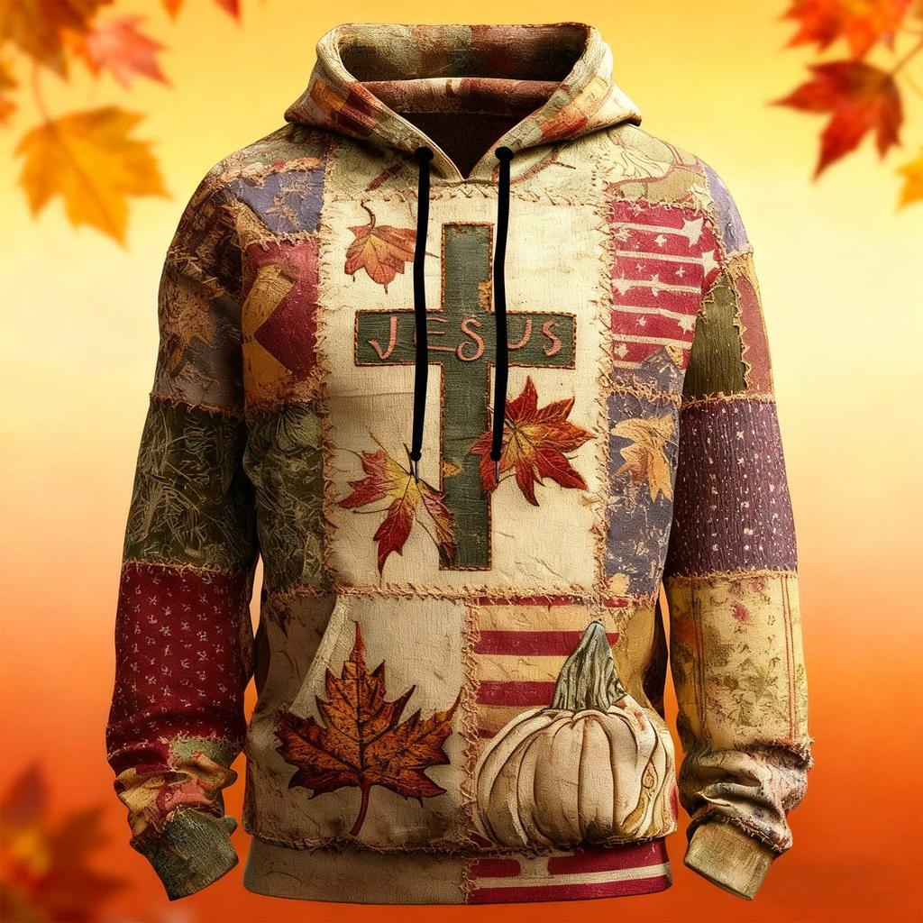 Men's Retro Casual Cross Art Print Oversized Drop-Shoulder Pockets Hoodie