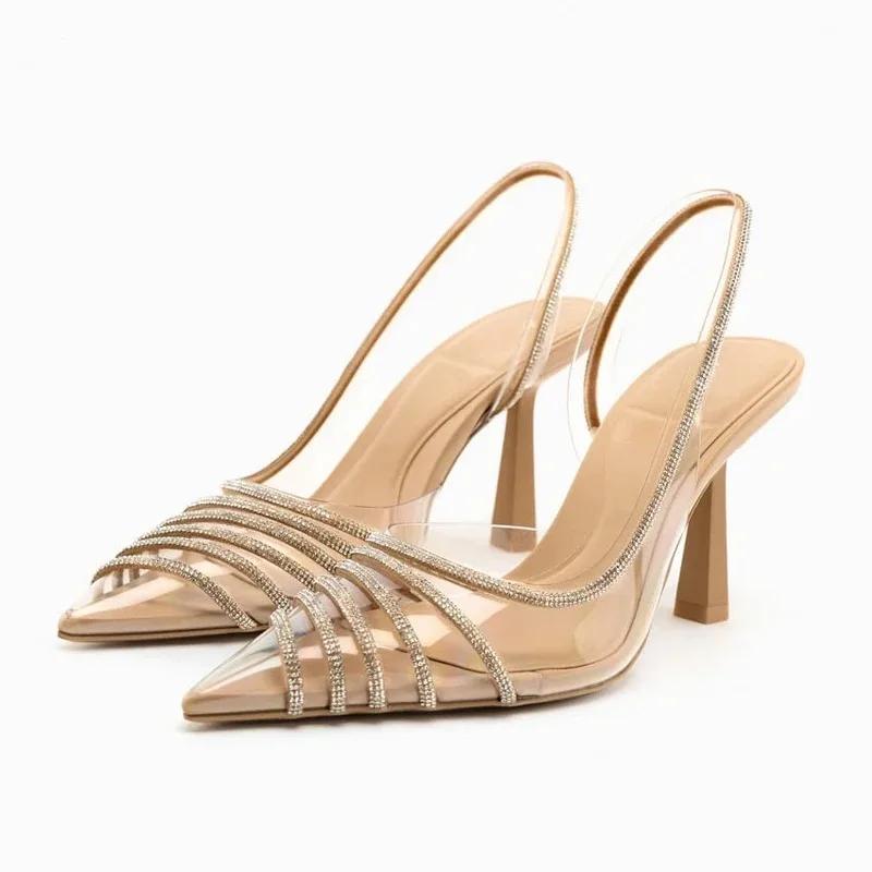 High Heeled Sandals for Women Sexy Clear PVC Ladies Party Shoes Luxury Rhinestones Brand Designer Summer Slingback Footwear