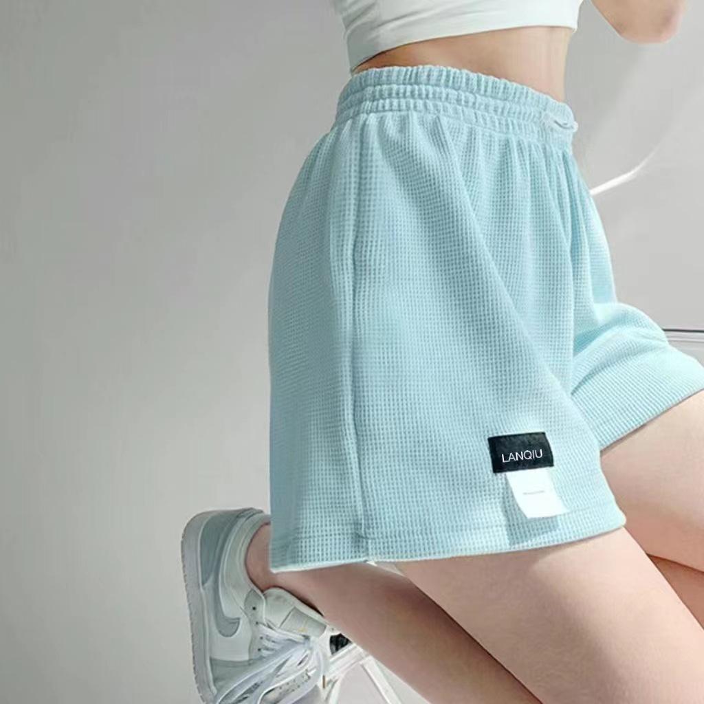 Waffle Shorts, Loose Sports Shorts Women's Elastic Waist Wide Leg Hot Pants Casual Skinny High Waist Straight Home