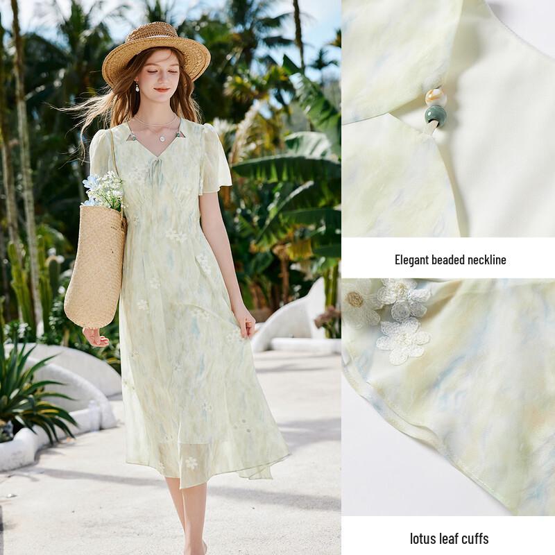 Women's Gradient Tie-Dye Ruffle Sleeve V-Neck Midi Dress