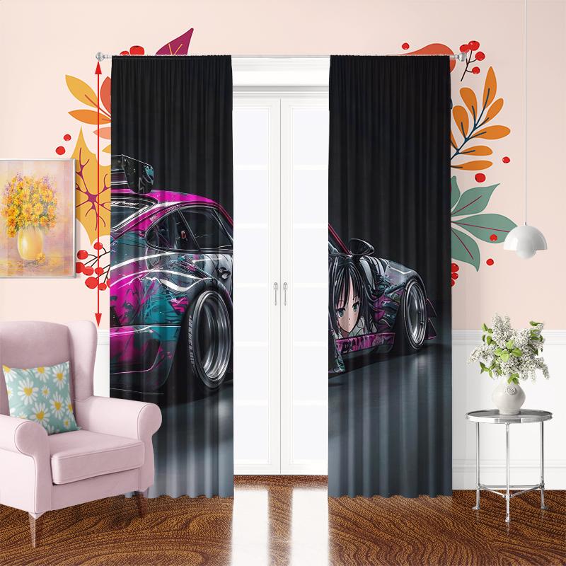 2Pcs- Modified car - Printed curtain, Polyester semi-transparent curtain -100% polyester material, home decoration