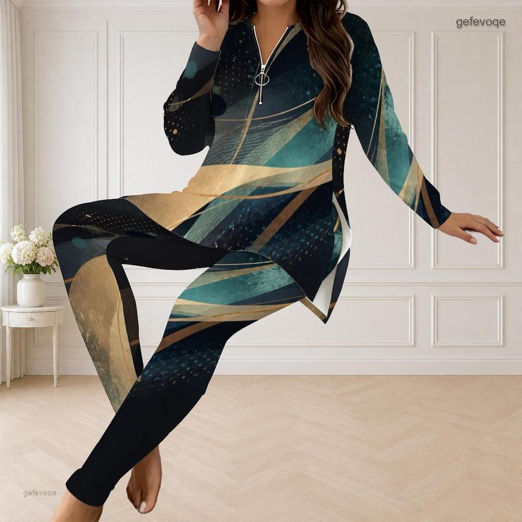 Women Plus Size Two Piece Set Half Zip Long Sleeve Galaxy Printed Top And Fitted Pants