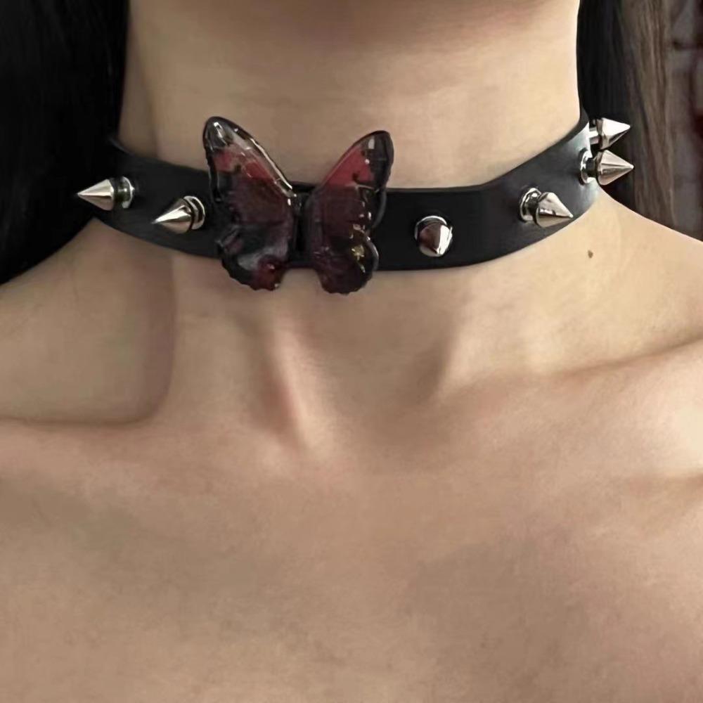 Retro Y2k Hot Girl Butterfly Heart Cross Flower Black Leather Belt Buckle Collar Necklace for Women Personality Punk Jewelry