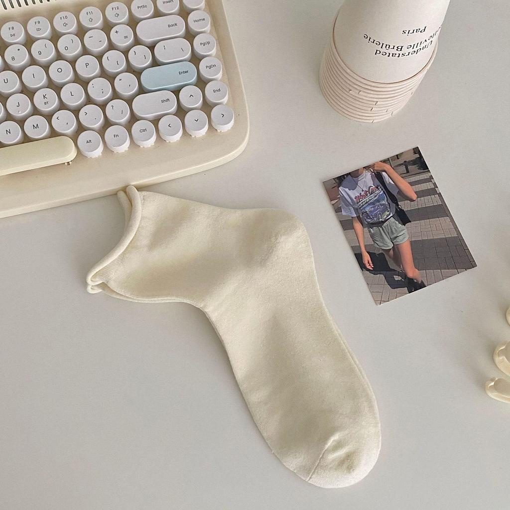 Women's Mid-Calf White Cotton Socks - Spring/Summer Korean & Japanese Style, Rolled Edge, Solid Color, Short Black Option Available