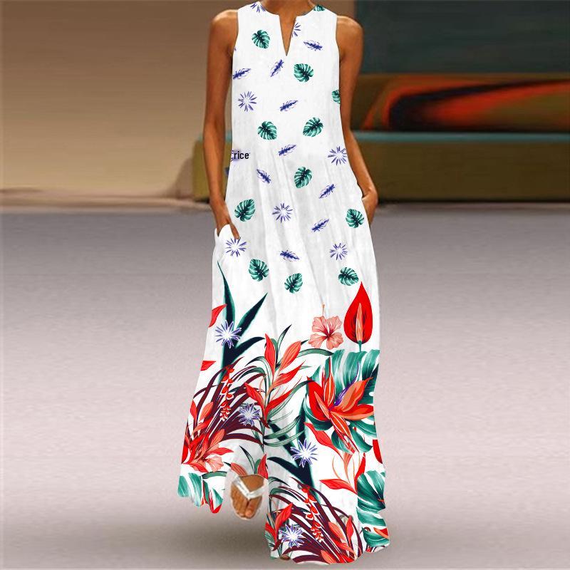 2024 Retro Print V-Neck Sleeveless Long Dress – Multicolor Summer Skirt