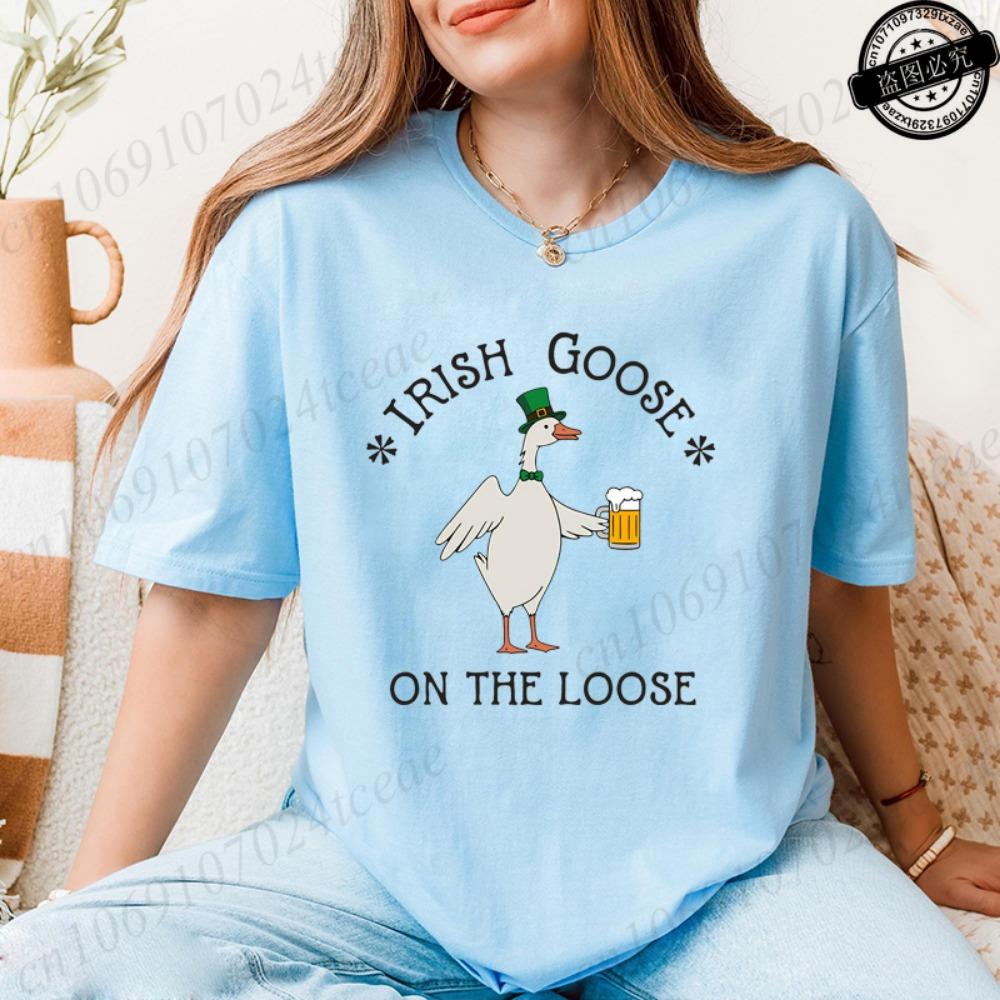Lucky Goose on The Loose Printed Tshirt Shirt for Women St Patrick's Day T-Shirts Short Sleeve Drinking Goose Fashion Tops Tees