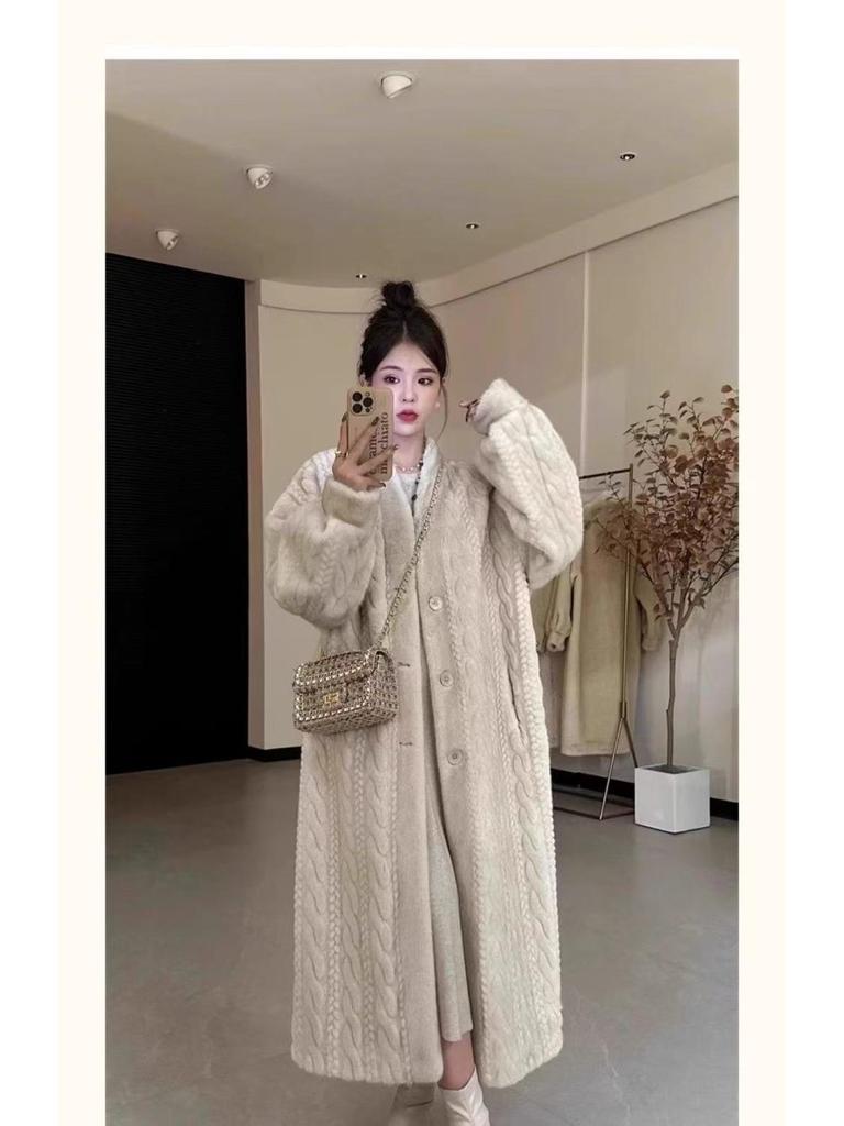 Damen Herbst/Winter 2024 Nerz Plüsch Strick Langer Cardigan Pelzmantel