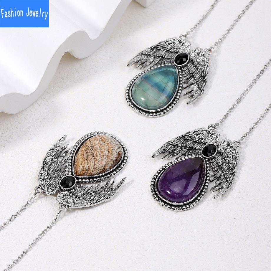 European and American Trendy Personalized Angel Wings Natural Crystal Stone Drop-shaped Pendant Necklace Jewelry