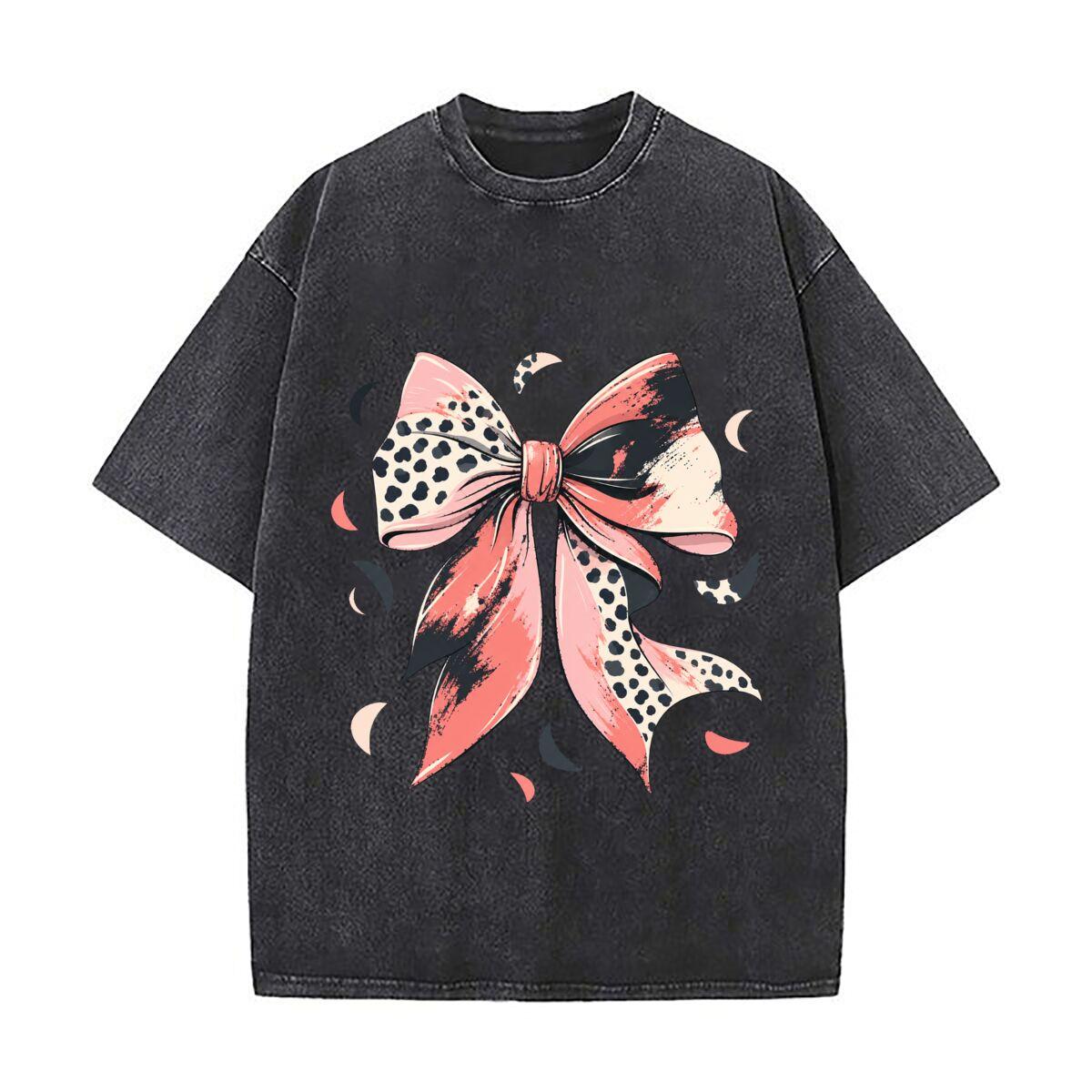 Girly Western Bow Spot Splash Retro Washed Distressed T Shirt Men Summer Casual Short Sleeve S