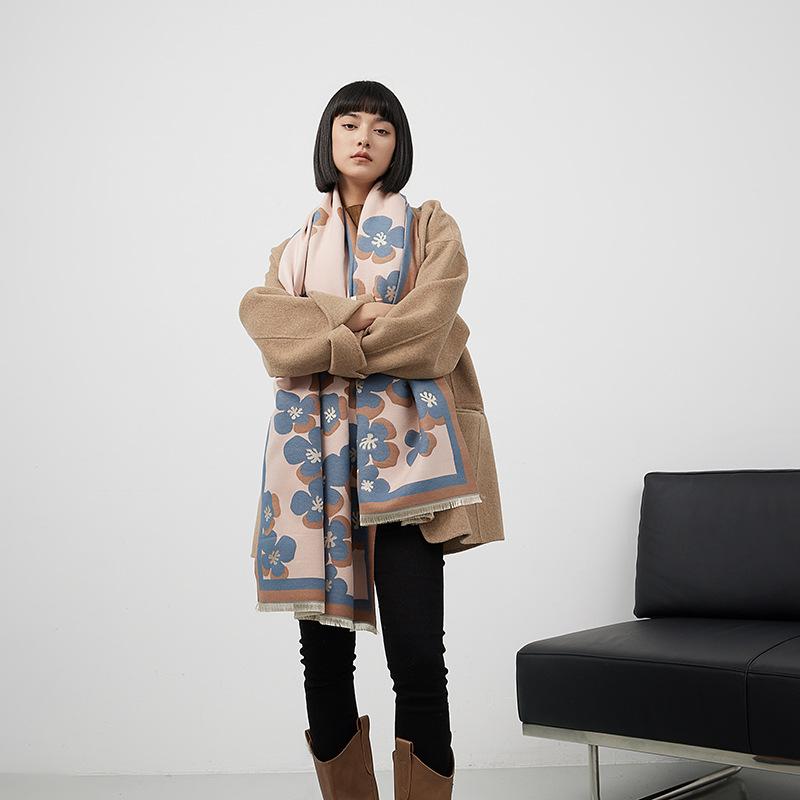 Color Matching Versatile Imitation Cashmere Scarf Wind Warm Scarf Flower Fringed Elegant Women'S Shawl