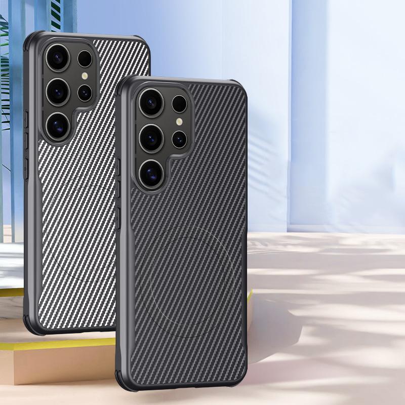 Carbon Fiber Texture Soft Magnetic Phone Case For Samsung S25 Ultra S24 Plus S23 TPU Hybrid Silicone Shockproof Slim Wireless Charge Cover