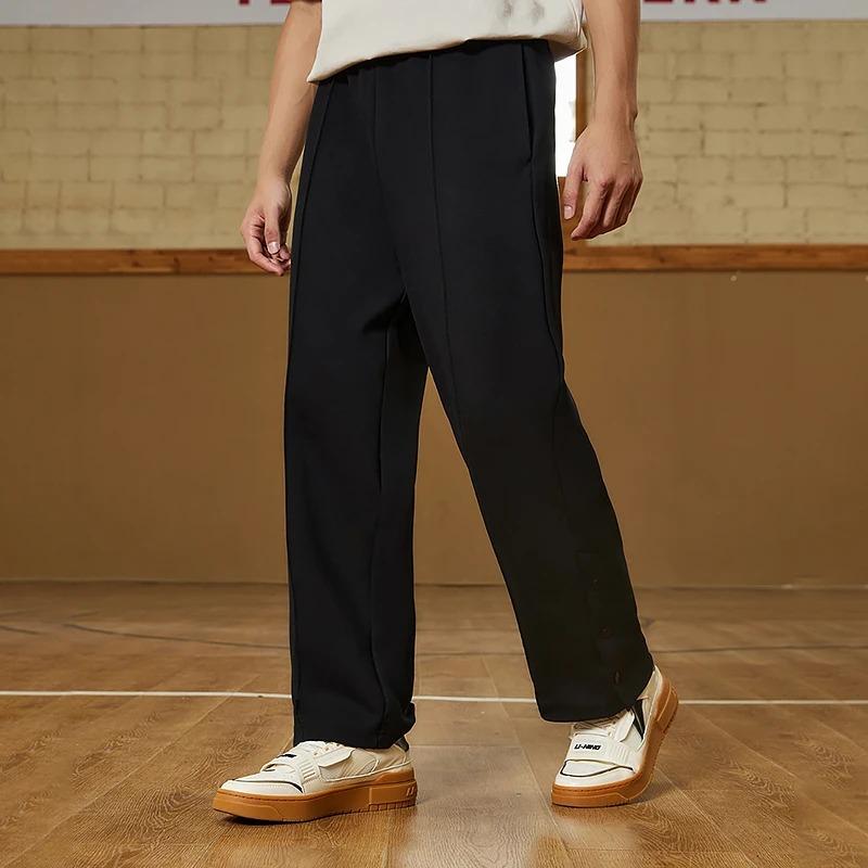 Li Ning Badfive Solid Color Elastic Waist Drawstring Straight Leg Casual Knit Sports Pants Men pants Black AKLSC71-3