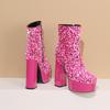 Übergröße Paillettenstoff Patchwork Lackleder Hohe Dicke Absätze Mode Laufsteg Kurze Stiefel Plateau Reißverschluss Bling Stiefeletten