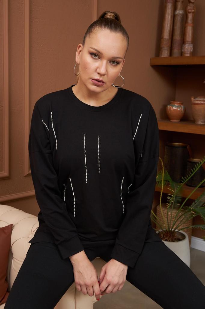 Damen Stil Übergröße Sweatshirt Stein Detailliert Schlitz Übergröße Schwarzes Sweatshirt