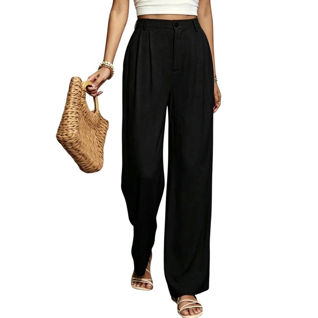 Women's High Waist Wide Leg Trousers Pleated Front Loose Fit Long Pants with Button and Zip Closure for Casual Office Wear