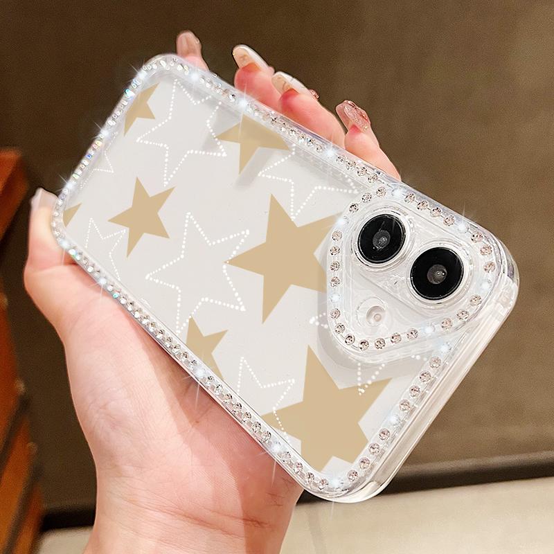 Stars Pattern Diamond Frame Clear Soft Silicone Case For iPhone 16 Pro Max 16E 15 14 Pro 13 12 11 Lens Protection Shockproof Phone Cover