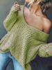 Damen Pullover Grobstrick Weiter V-Ausschnitt Lange Ärmel Offene Strickstruktur Lockerer Pullover Schulterfrei Einfarbig Herbst Jumper