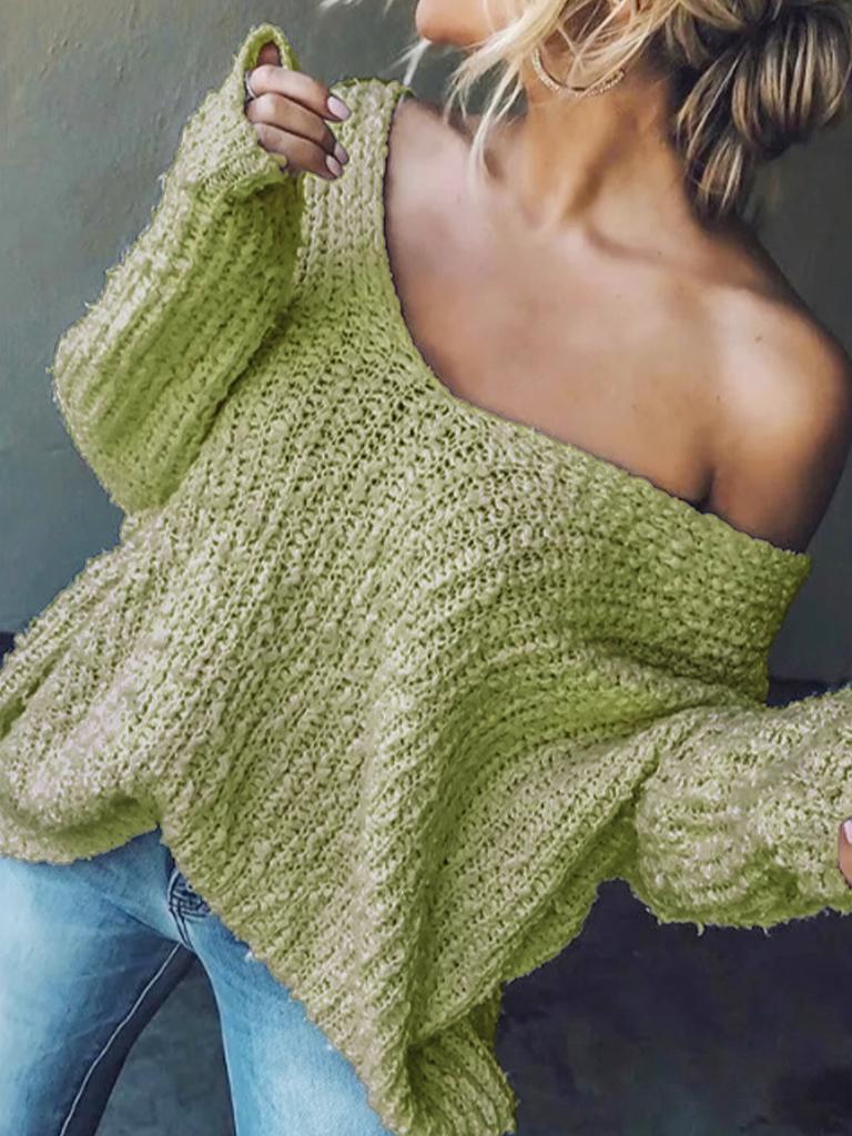 Damen Pullover Grobstrick Weiter V-Ausschnitt Lange Ärmel Offene Strickstruktur Lockerer Pullover Schulterfrei Einfarbig Herbst Jumper
