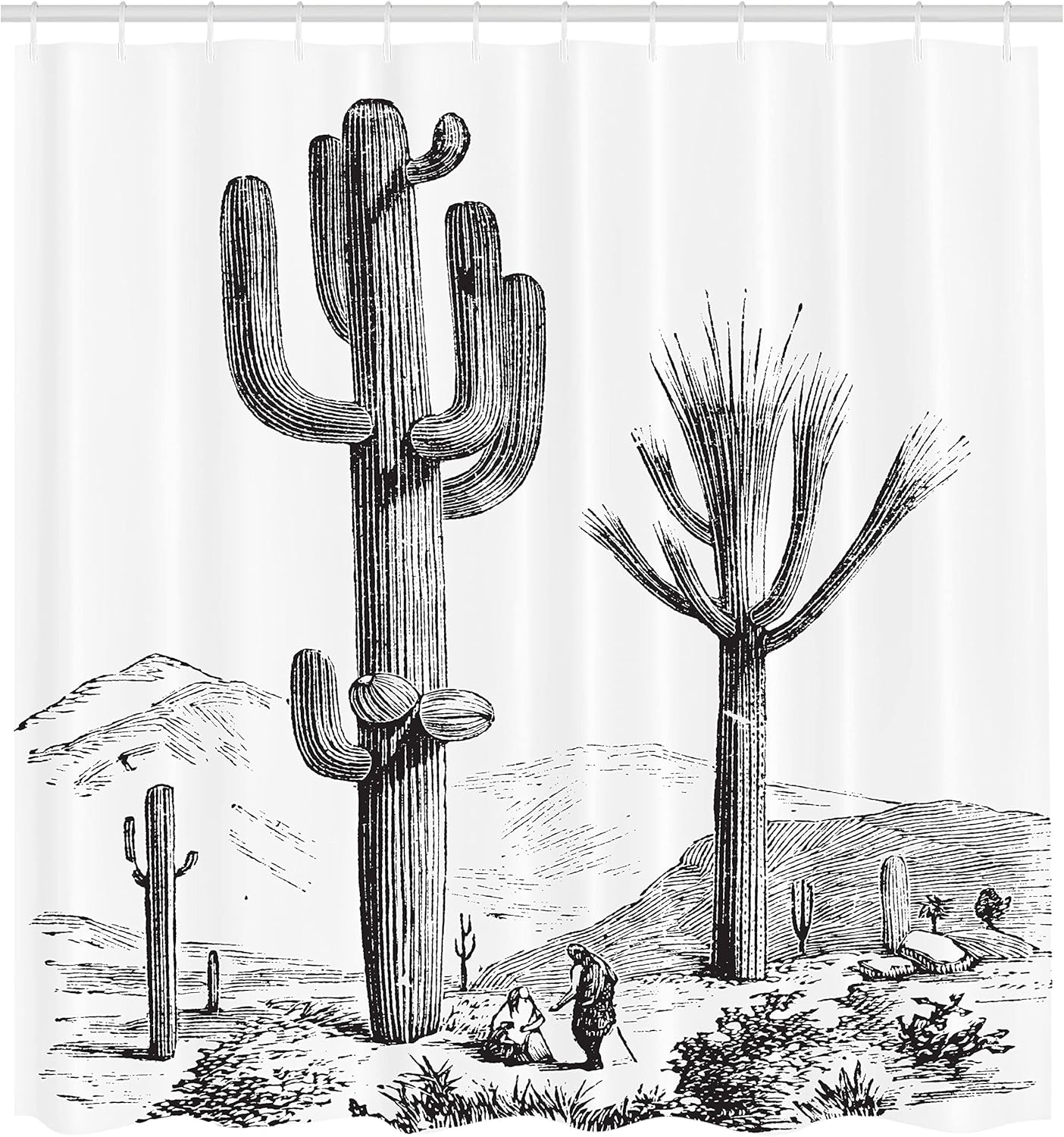 

Cactus Shower Curtain, Sketchy Hand Drawn Print Of Desert Plants With Mexican Travellers Image, Cloth Fabric Bathroom W60H190(CM)-1 Pcs