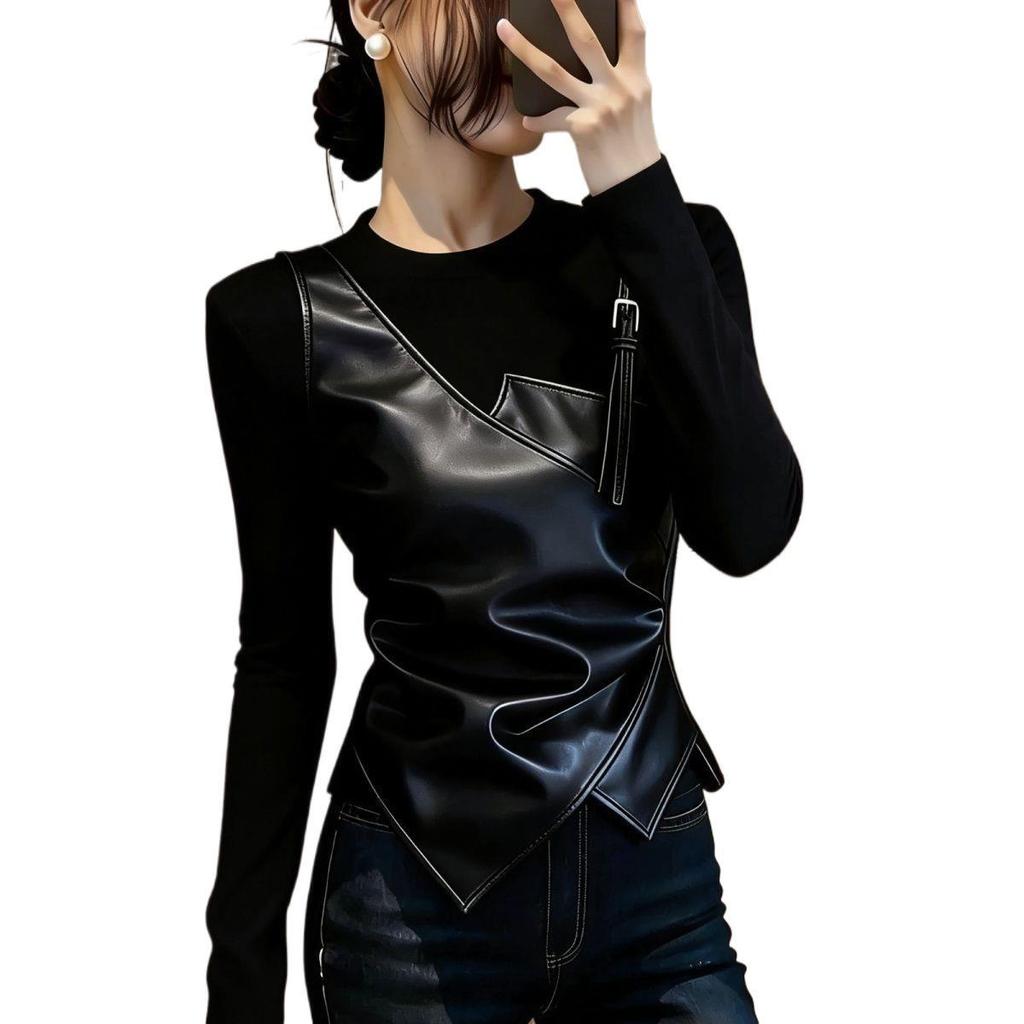 Chic Spliced Two-Piece Look Long-Sleeve T-Shirt - 2026 Spring Plus Size Slimming Top for Women