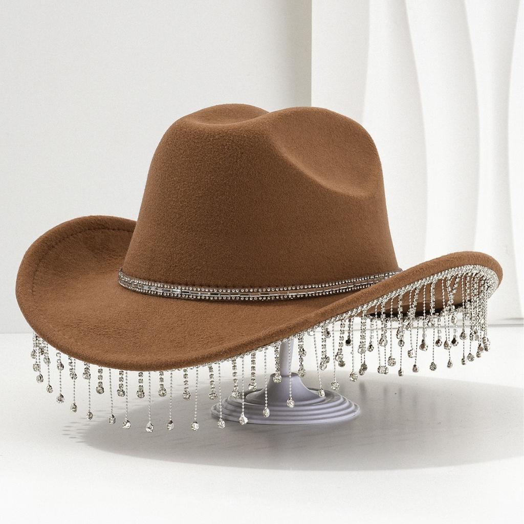 Cross-border Popular Women's Unique Sweet Top Hat Square Point Diamond Hat Chain with Rhinestone Tassel Suitable for Music Parties