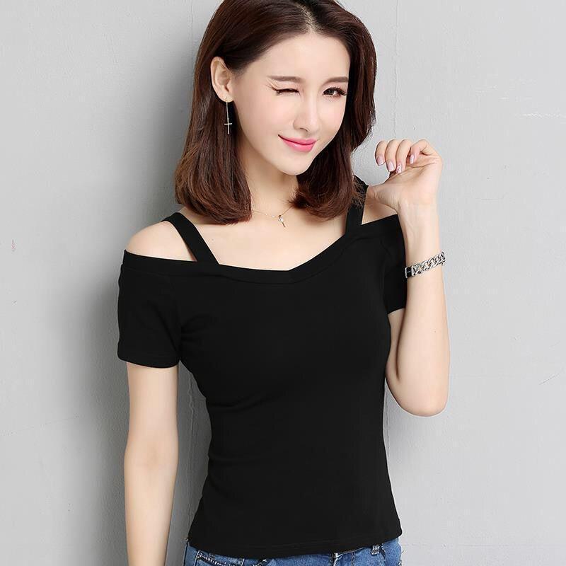 Summer New Korean Version of The Strapless Sling Short-sleeved T-shirt Women's One-neck Strapless Sexy Slim-fit Top