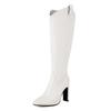Stivali Lunghi Western Quadrati in Pelle Dorata con Tacco Chunky Oblungo per Donna, Stivali Lunghi con Zip da Cowgirl per Abito Bianco da Festa Invernale