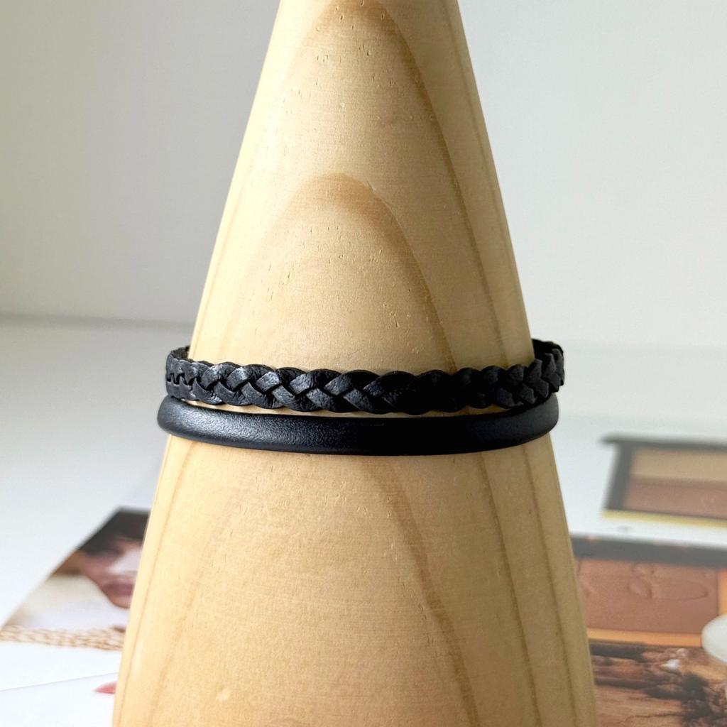 Glory_Arden Surgical Steel Double-Stripe Black Leather Bracelet/Ghmb-310