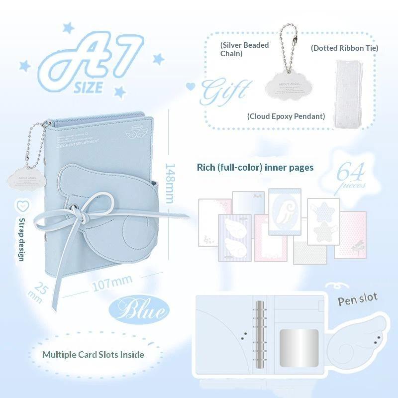 Cute Angel Wings Journal 3 Fold Binder Notebook PU Leather Multi Pocket Waterproof Planner for School Girls Travel Writing