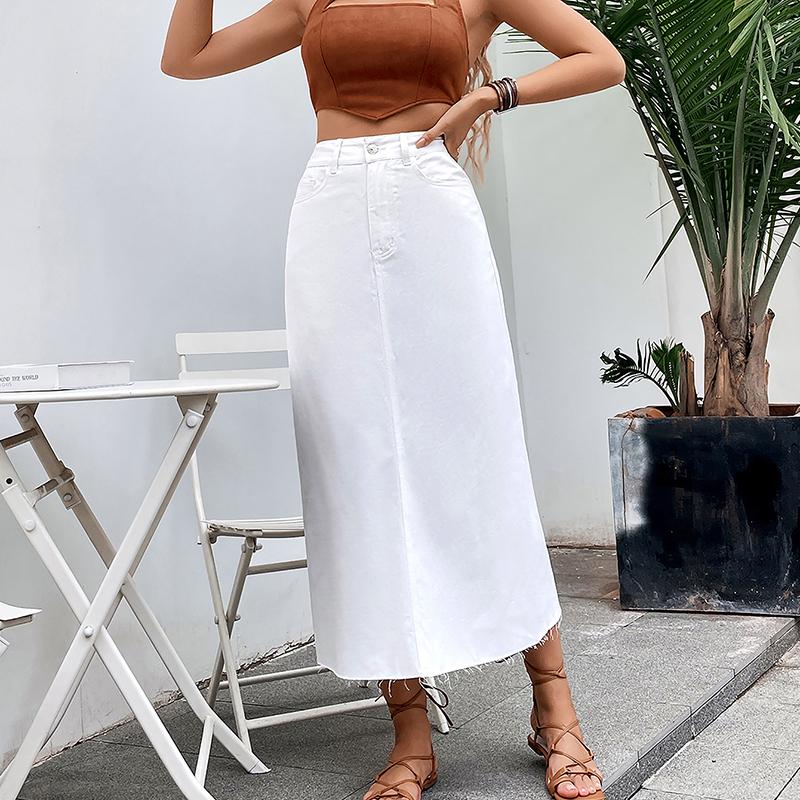 Women High Waist Pocket A Line Jean Denim Skirt