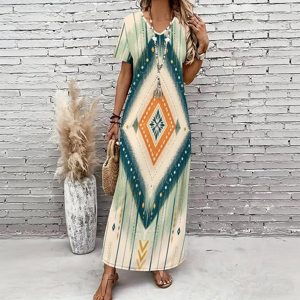 Women Plus Size V Neck Short Sleeve Printed Straight Maxi Dress