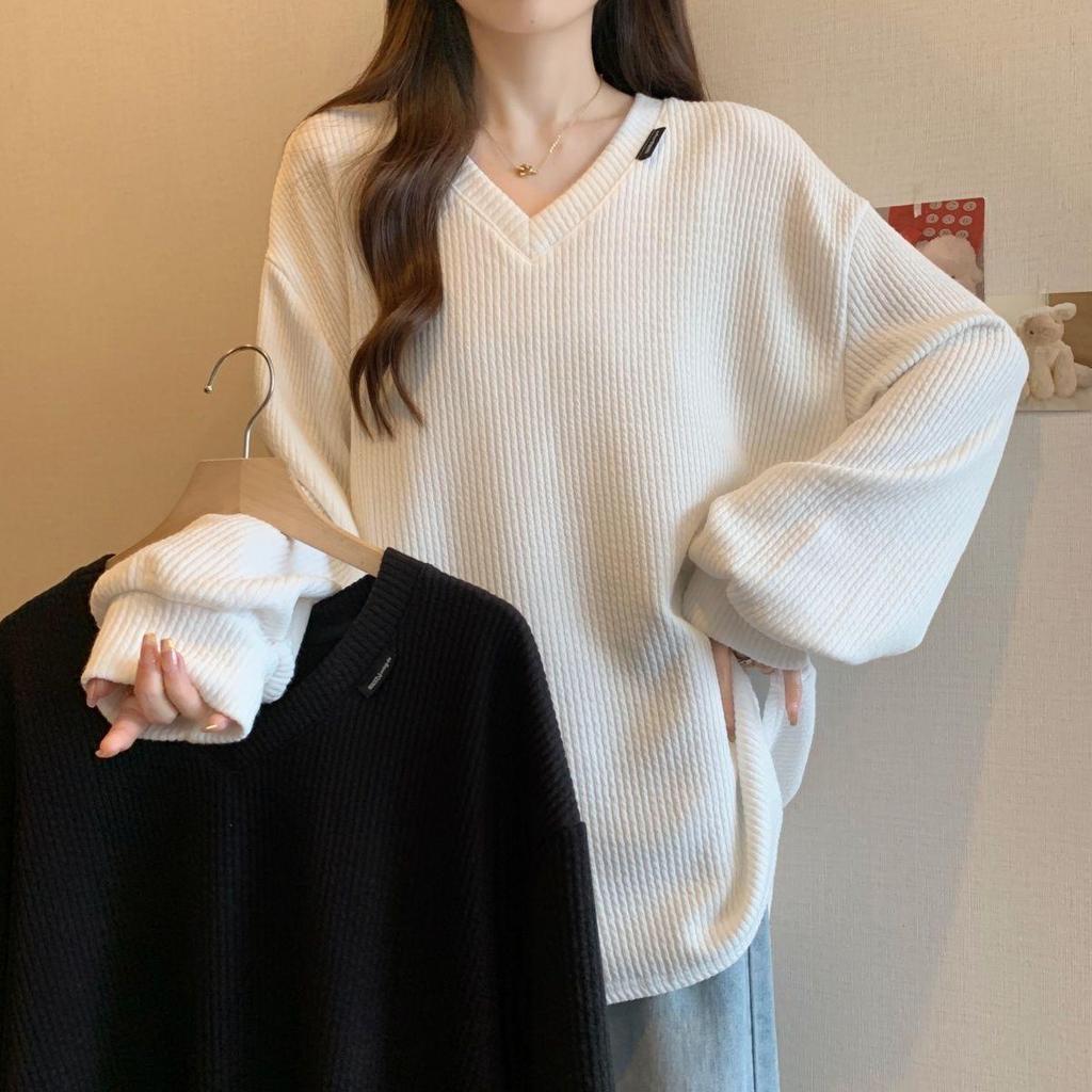 Dame Pluss Størrelse Ribbestrikket Langermet Base Layer Topp - Høst/Vinter Løstsittende og Slankende Allsidig T-skjorte