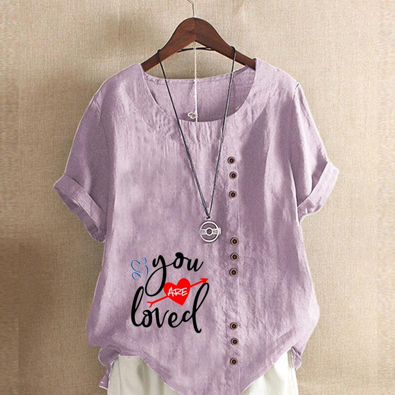 Women's Fashion Love Letter Prined Short Sleeve T-shirt Loose Cotton Shirt Casual Loose Summer Blouse Plus Size Tops