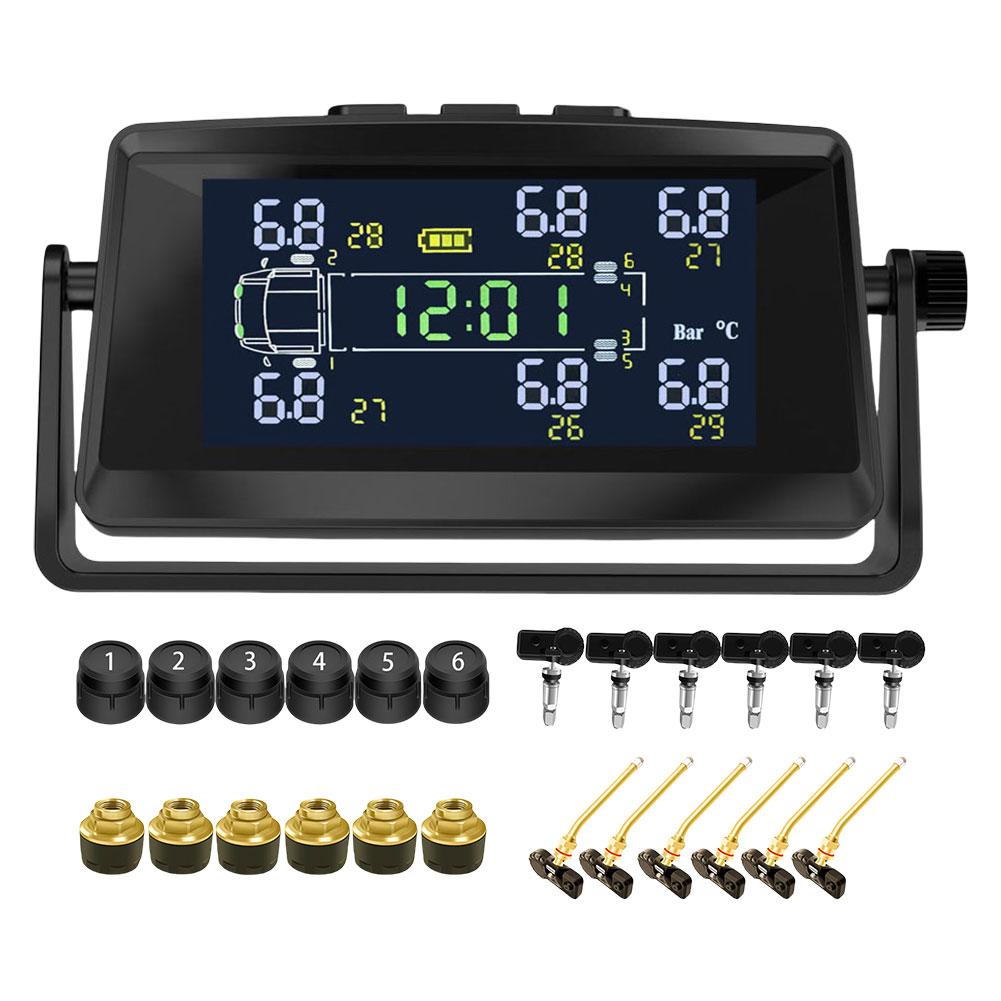 Reifendruckkontrollsystem mit 6 Sensoren USB/Solar TPMS Reifentemperaturmonitor für Wohnmobil Anhänger LKW