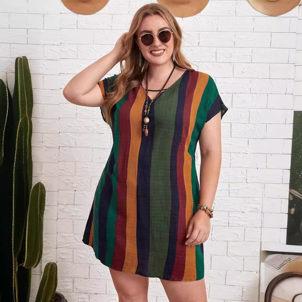 

Women s Summer Striped Dress with Short Sleeves V-neck Loose Beach Party Elegant Dress 5XL