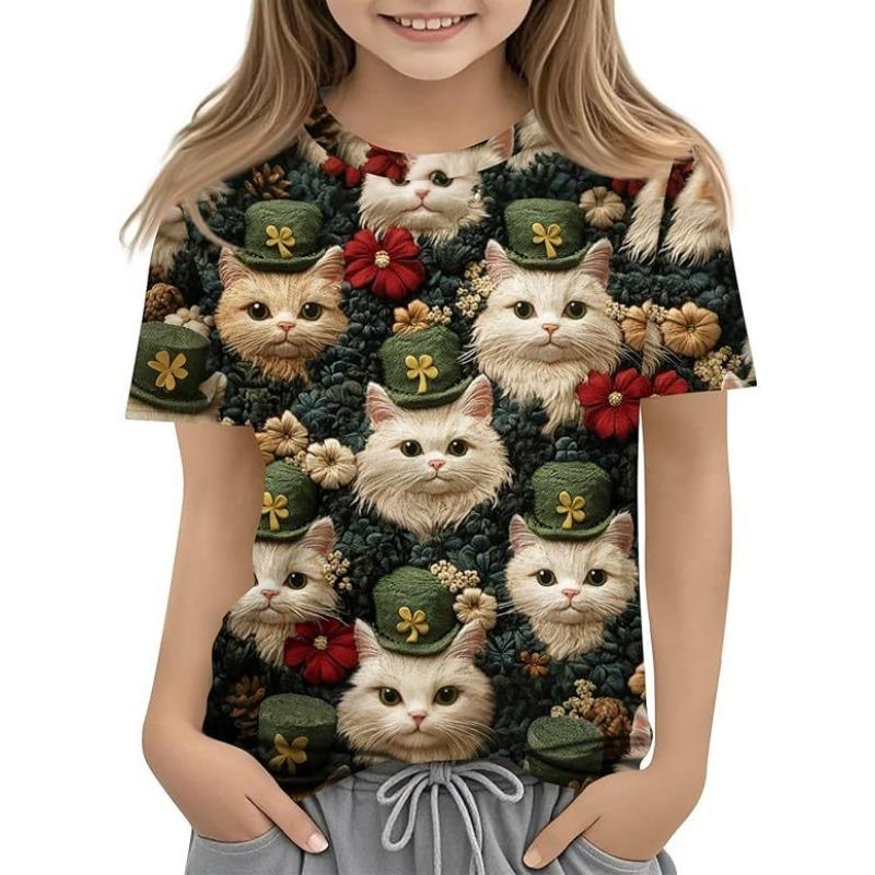 Fashionable Summer Trendy High-quality Four Leaf Clover Pattern Children's Women's Short Sleeved Round Neck T-shirt