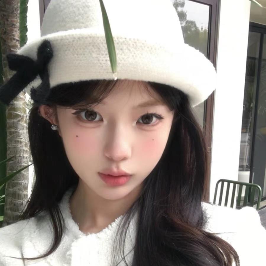 Bow Top Hat för Kvinnor Fransk Stil Retro Ull Ansiktsvisande Liten Varm Bucket Hat