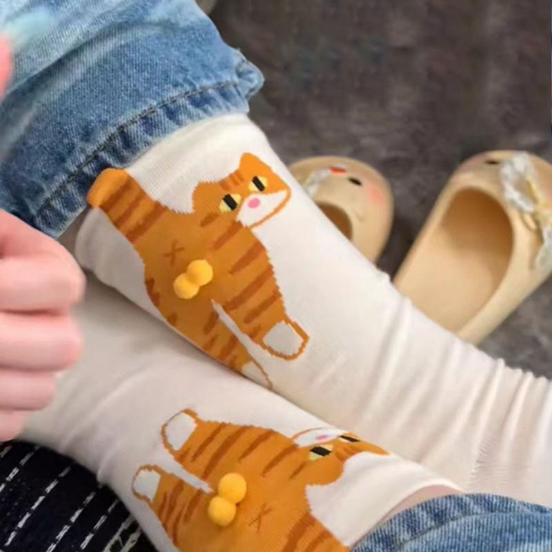 Socks Women's Cute Funny Cat Ins Korean Mid-tube Sleeping Socks Creative Combed Cotton Mid Tube Socks Woman 2025 New Year Gift