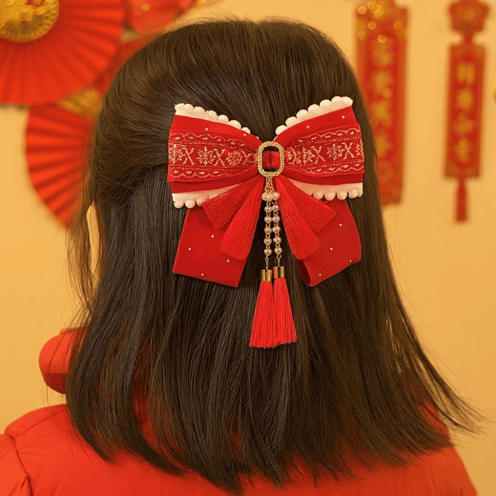 Flower Bow Ribbon Hair Clip Red Hanfu Hair Ornamen Chinese Style New Year Hairpin  Festival