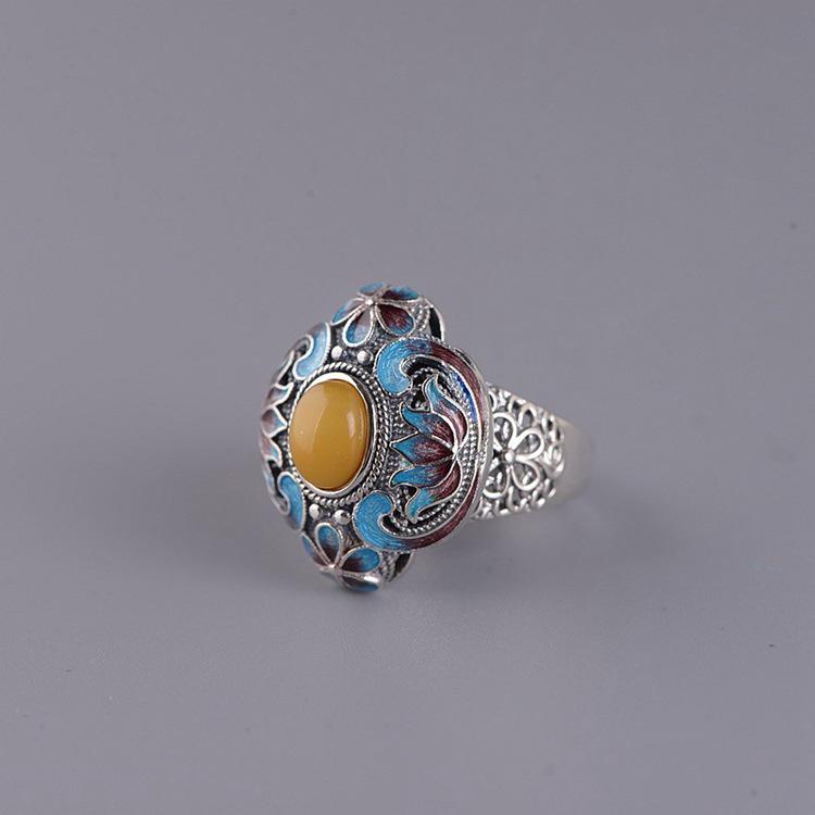 Ontwerper Origineel Ambacht Ingelegd Emaille Porselein Lotus Natuurlijke Chalcedoon Verstelbare Ring Etnische Klassieke Dames Sieraden resizable gray