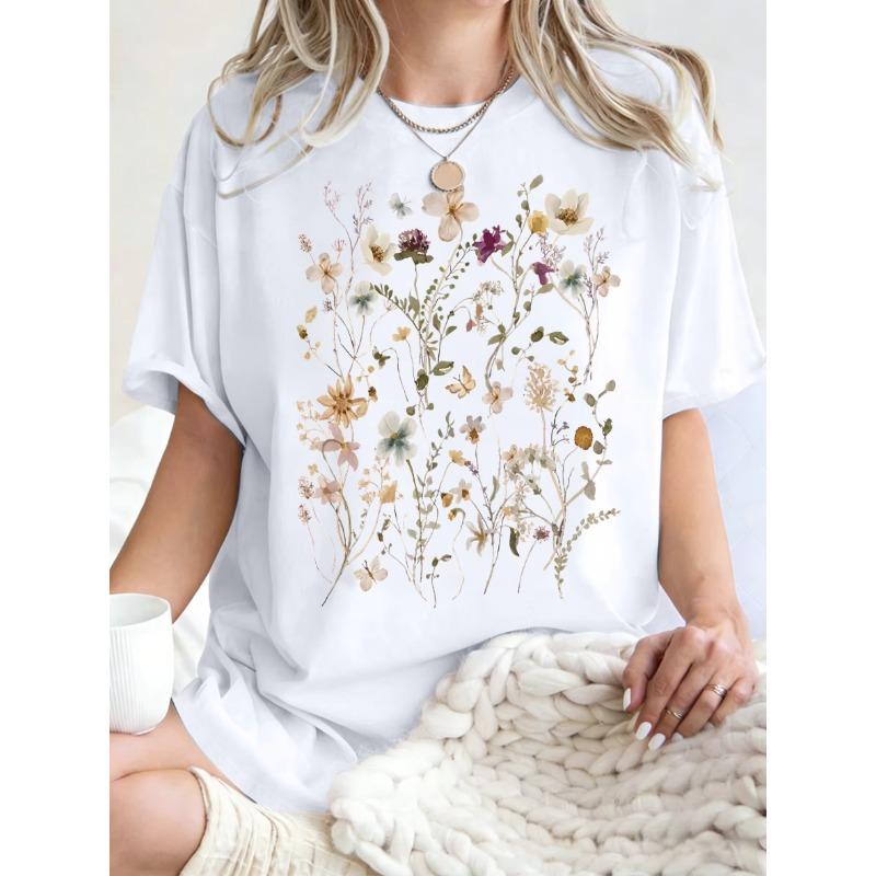 T-shirt da Donna con Stampa di Bellissimi Grappoli di Fiori Estate Oversize Manica Corta Girocollo Magliette in Cotone Y2K Top Sportivi Donna