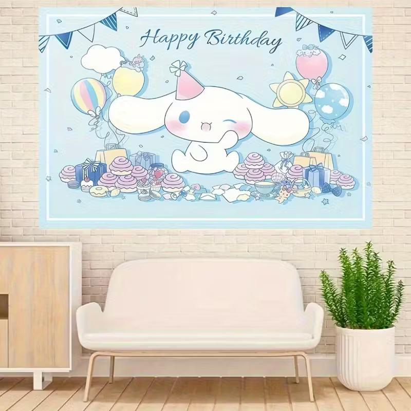 2D Blue Cinnamoroll Happy Birthday Backdrop for Kids & Teens Party