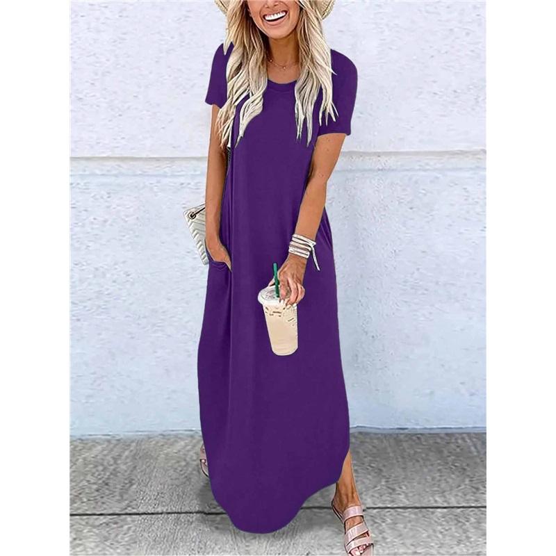 Women Short Sleeve Long Dress With Pockets Casual Oversized Round Neck Beach Dress Female Split Loose Fit Summer Dress Vestidos