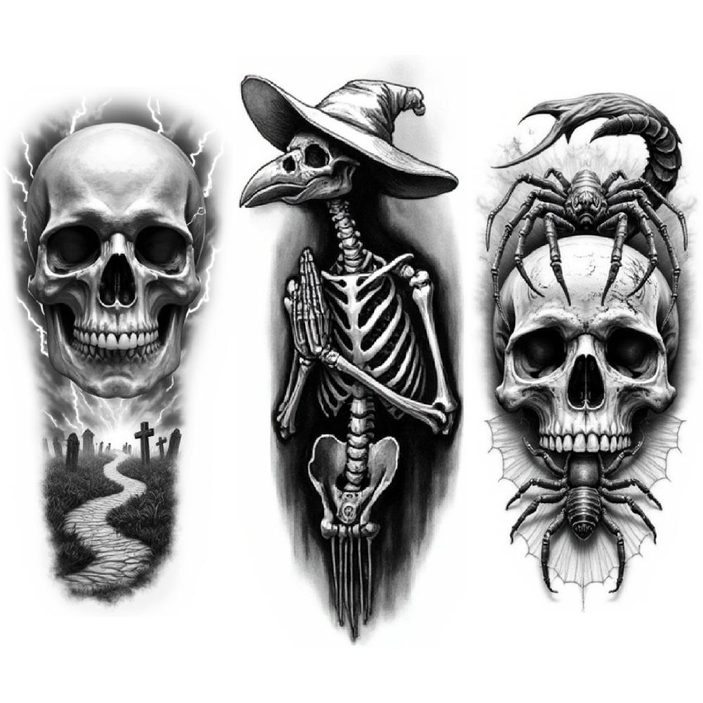 3pcs Temporary Tattoo Black And Grey Realism Skull Scorpion Spider For Thighs Adults Arms