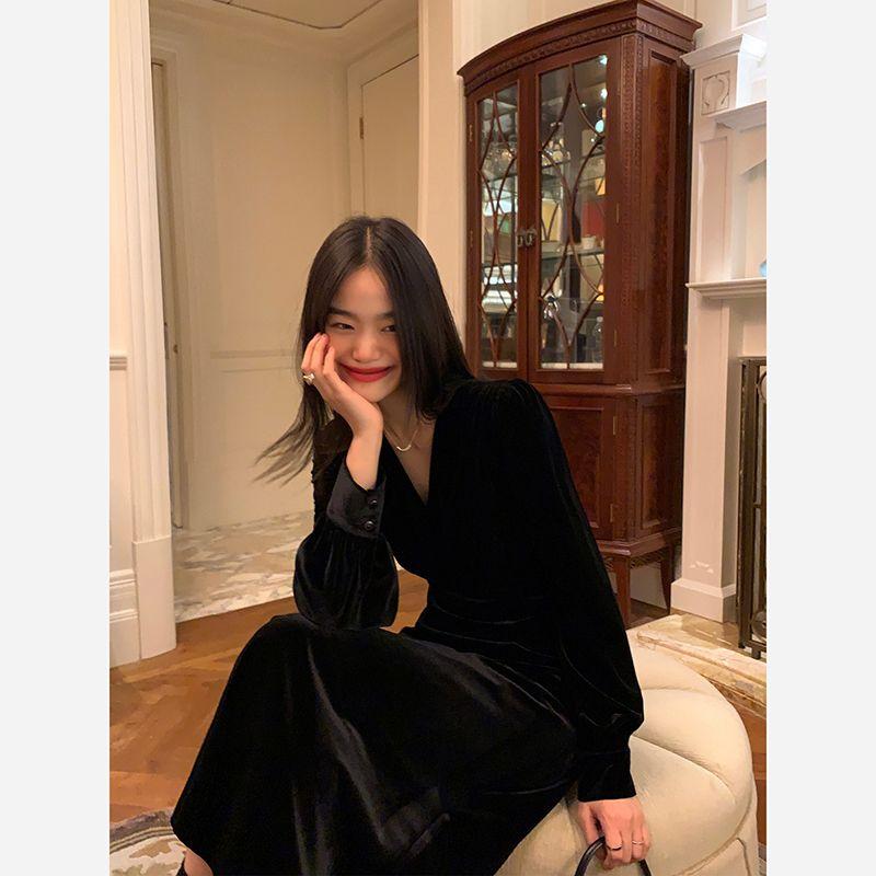 Κομψό Μαύρο Βελούδινο Φόρεμα για Γυναίκες Χειμερινά Φορέματα Α γραμμής